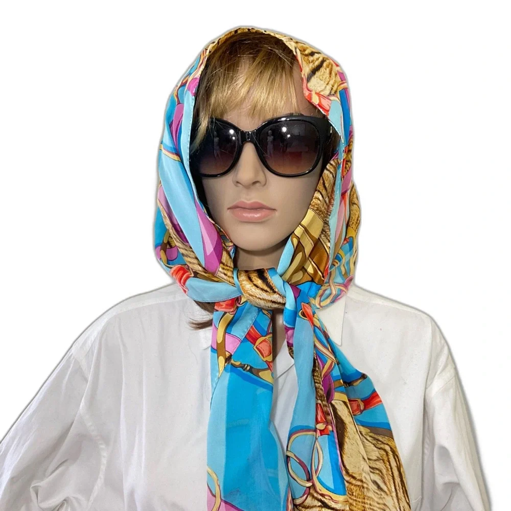 100% Silk Scarf Blue brown Equestrian Horse Bits Chain Print multifunctional